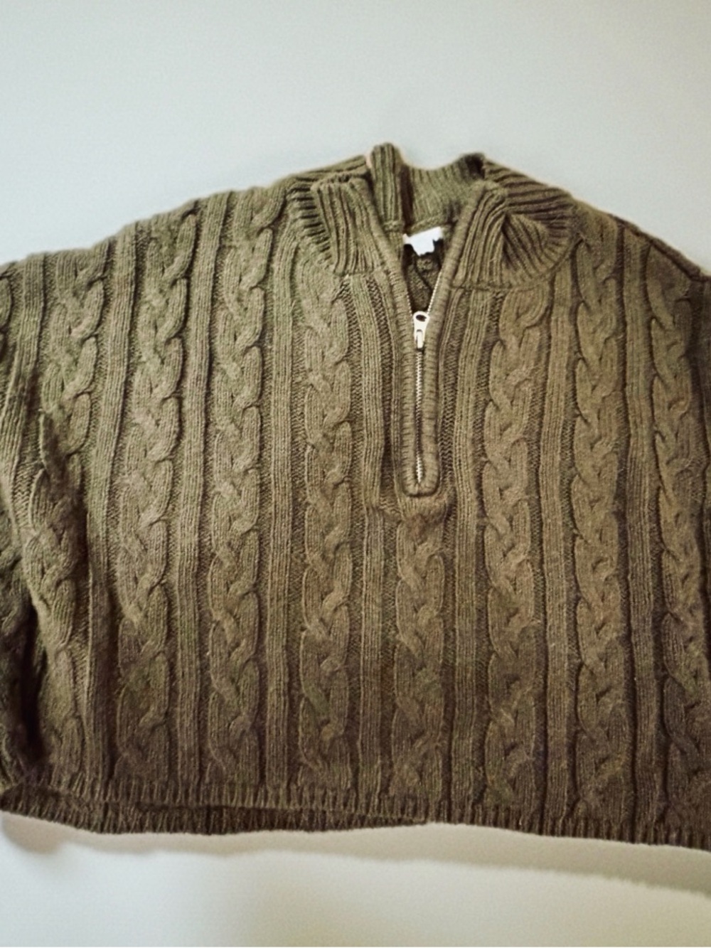 Garage Olive Green Cropped Cable Knit Zip Sweater. Perfect for Casual or Work.